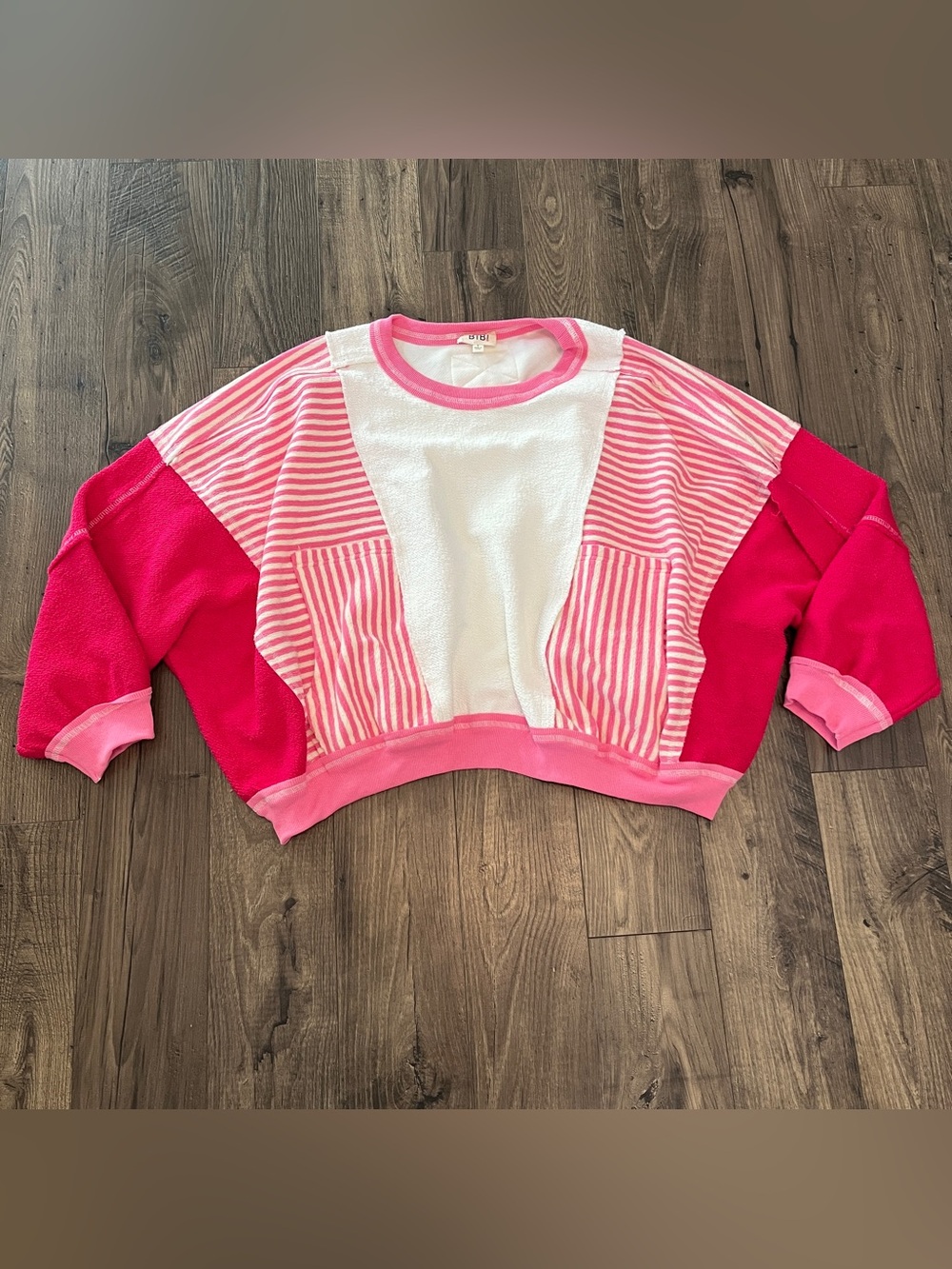BIBI Pink Striped Color Block Cropped Sweatshirt Top S Boho Terry Cloth
